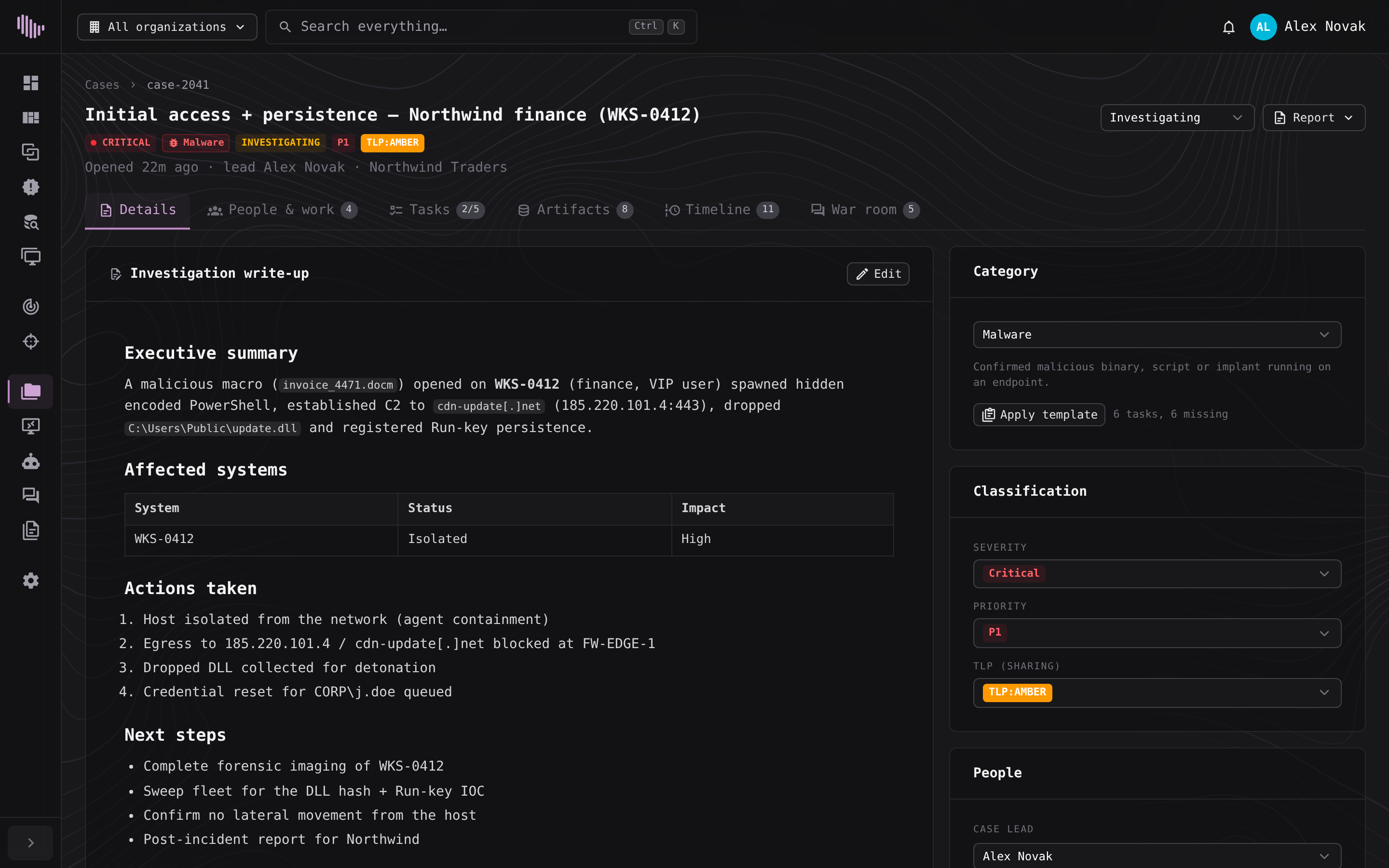 A XenXDR case: the investigation write-up with an executive summary, affected systems, actions taken and next steps, beside its classification and people.